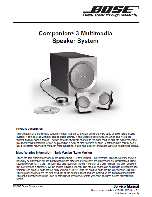 BOSE Companion3 Multimedia Speaker System Service Manual