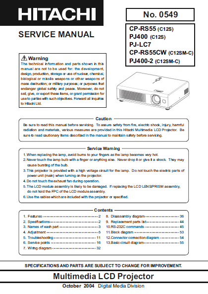 HITACHI PJ-LC7 Multimedia LCD Projector Service Manual