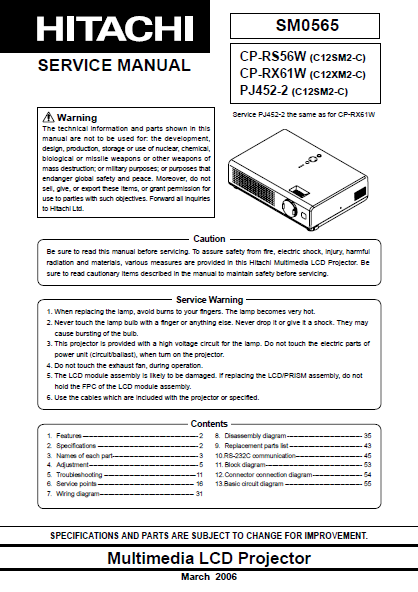 HITACHI CP-RS56W Multimedia LCD Projector Service Manual