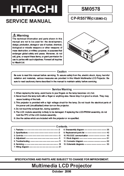 HITACHI CP-RS57W Multimedia LCD Projector Service Manual