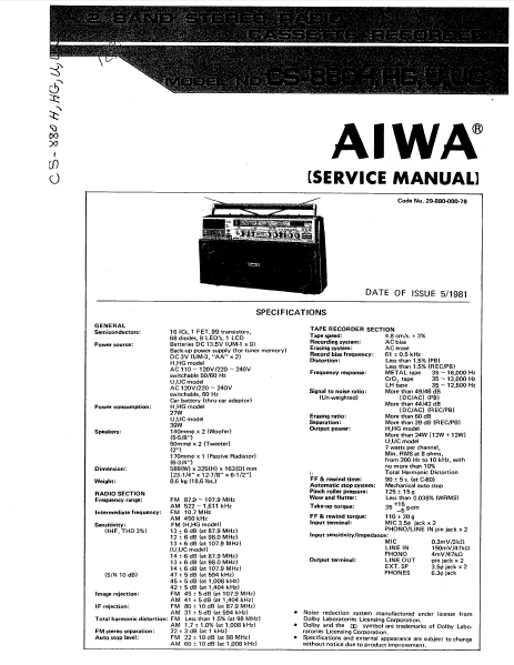 AIWA CS-880 Radio Cassette Service Manual