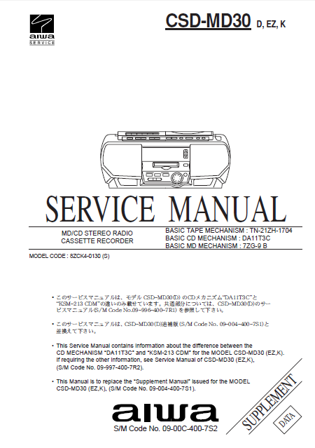 AIWA CSD-MD30 Supplement Compact Disc Recorder Service Manual