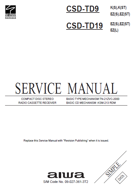 AIWA CSD-TD9K Simple Compact Disc Receiver Service Manual