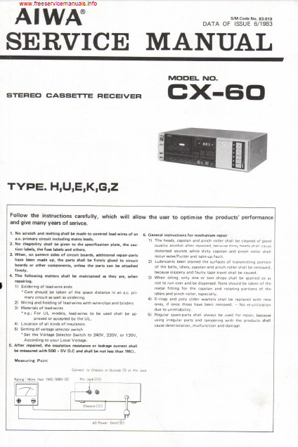 AIWA CX-60 Stereo Cassette Receiver Service Manual
