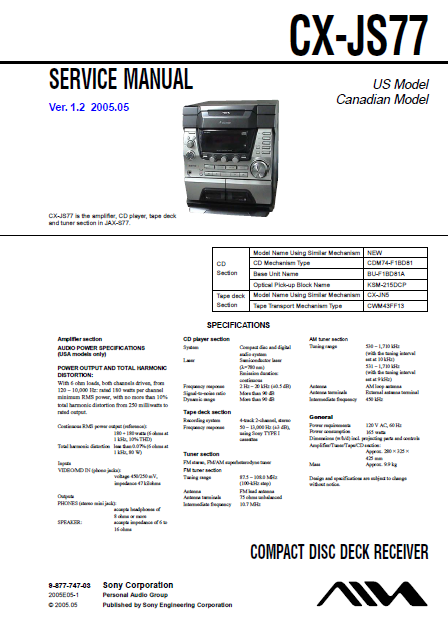 AIWA CX-JS77 Ver.1.2 Compact Disc Deck Receiver Service Manual