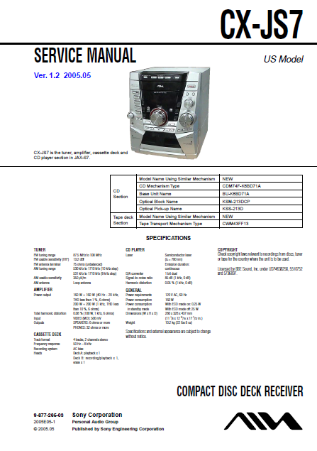 AIWA CX-JS7 Ver.1.2 Compact Disc Deck Receiver Service Manual