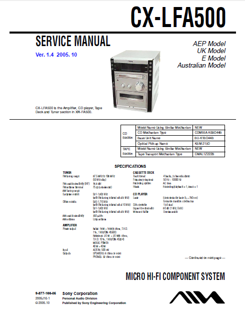 AIWA CX-LFA500 Component Ver.1.4 Service Manual