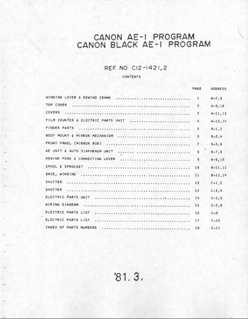CANON AE-1 Program Parts List with Schematics