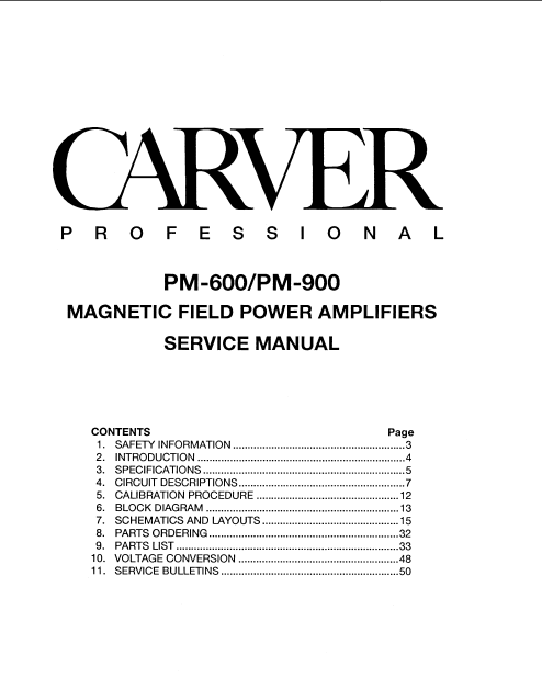 CARVER PM600 Magnetic Power Amplifiers Owner's Manual