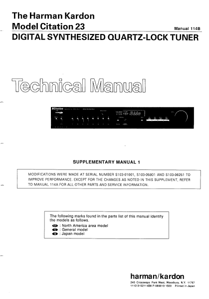 Harman Kardon Citation23 Digital Synthesized Quartz-Lock Tuner Technical Service Manual