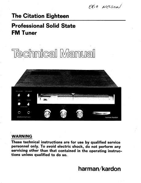 Harman Kardon Citation Eighteen Professional Solid State FM Tuner Technical Service Manual