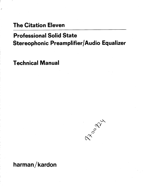 Harman Kardon Citation Eleven Professional Solid State Technical Service Manual