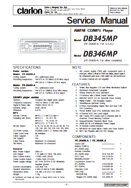 Audio TO Clearcom-Clarion_DB345MP,DB346MP Service Manual