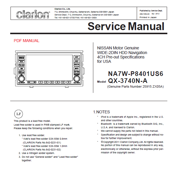 Audio TO Clearcom-Clarion_NA7W-P8401US6_QX3740NA Service Manual