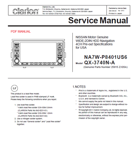 Audio TO Clearcom-Clarion_NA7W-P8401US6_QX3740NA Service Manual