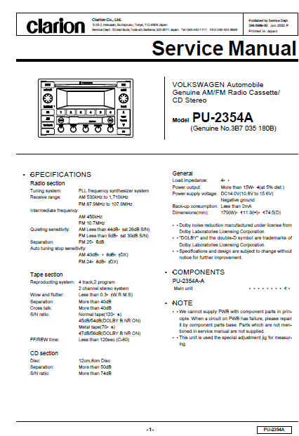 Audio TO Clearcom-Clarion_PU2354A VW-3B7 035 180B  Clarion Service Manual