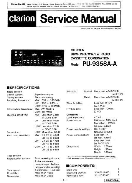 Audio TO Clearcom-Clarion_PU9358a Service Manual