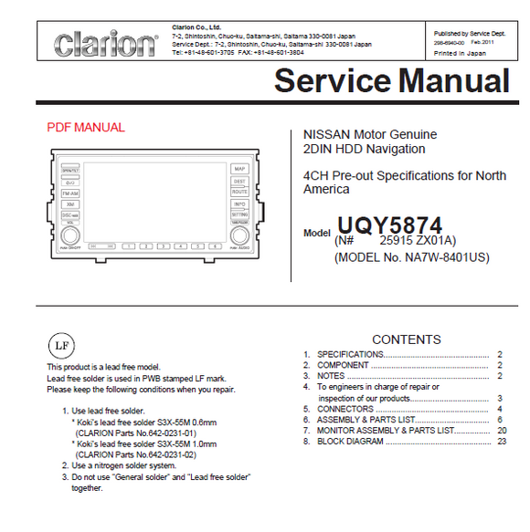 Audio TO Clearcom-Clarion_UQY5874_NA7W-8401US Service Manual