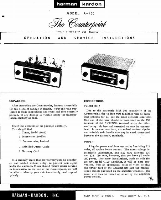Harman Kardon Counterpoint A-400 Operation Manual