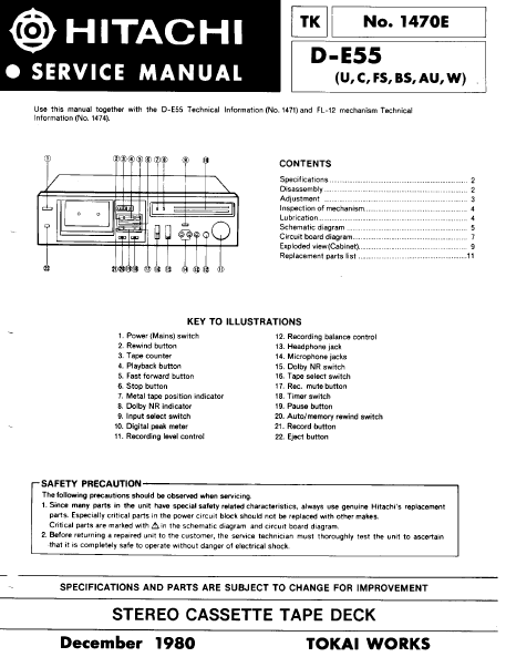 HITACHI D-E55 Stereo Cassette Tape Deck Service Manual