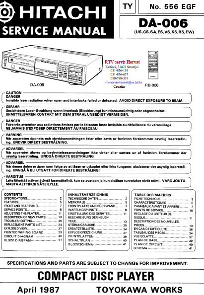 HITACHI DA-006 Compact Disc Player Service Manual