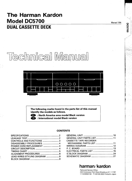Harman Kardon Model DC5700 Dual Cassette Deck Technical Service Manual