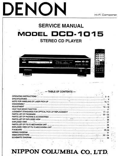 DENON DCD-1015 Stereo CD Player Service Manual