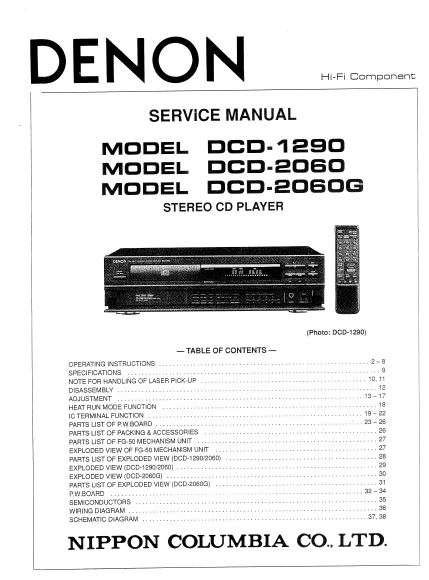DENON DCD-1290 Stereo CD Player Service Manual