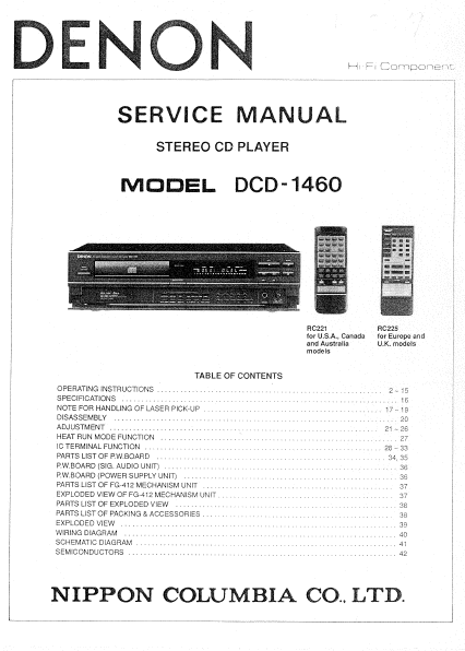 DENON DCD-1460 Stereo CD Player Service Manual