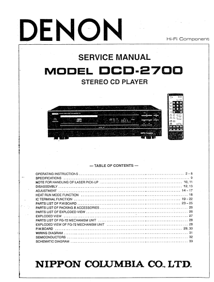 DENON DCD-2700 Stereo CD Player Service Manual