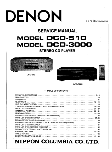 DENON DCD S10-3000 Stereo CD Player Service Manual