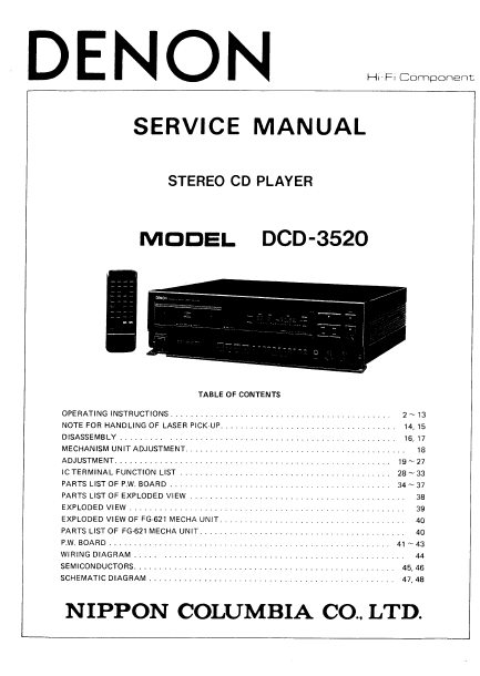 DENON DCD-3520 Stereo CD Player Service Manual
