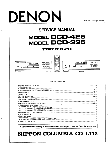 DENON DCD 335-425 Stereo CD Player Service Manual
