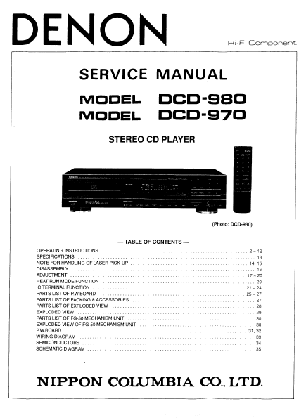 DENON DCD 970-980 Stereo CD Player Service Manual