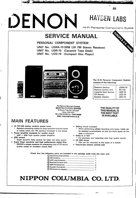 DENON UDRA-70 FM Stereo Receiver Service Manual