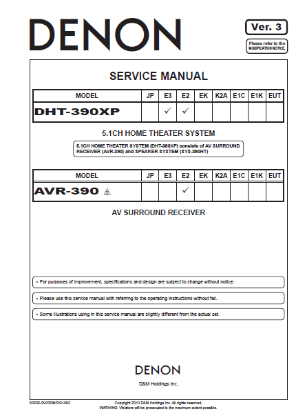 DENON DHT-390XP E3 E2 5.1" Home Theater System Service Manual