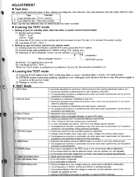 DENON DMP-R70 Stereo Test Mode Instruction Manual