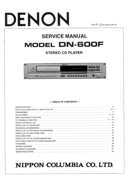 DENON DN-600F Stereo CD Player Service Manual