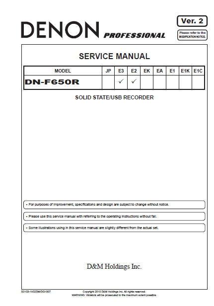 DENON DN-F650R E3 E2 Solid State Recorder Service Manual