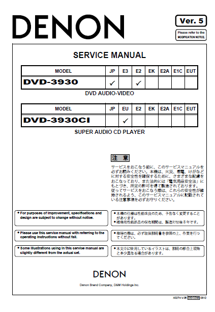 DENON DVD-3930 JP E2 Audio Player Service Manual