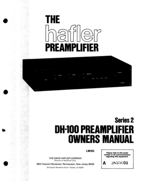 HAFLER DH-100 Preamplifier Owner's Manual