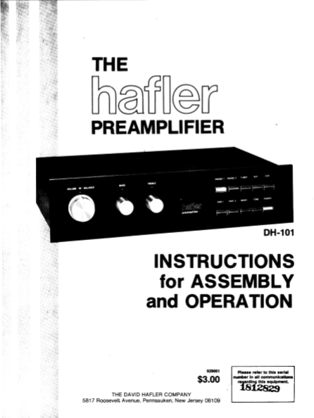 HAFLER DH-101 Instructions for Assembly Operation Manual