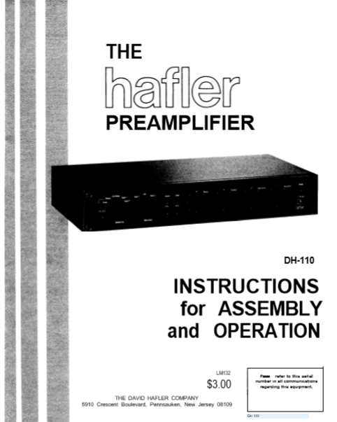 HAFLER DH-110 Instructions for Assembly Operation Manual