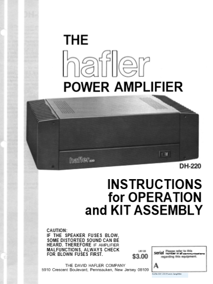 HAFLER DH-220 Instructions for Kit Assembly Operation Manual