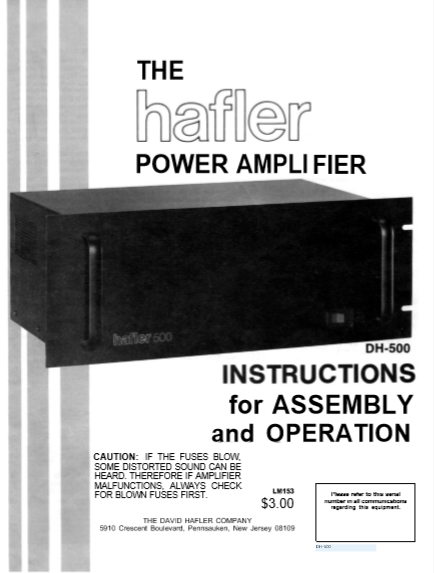 HAFLER DH-500 Instructions for Assembly Operation Manual