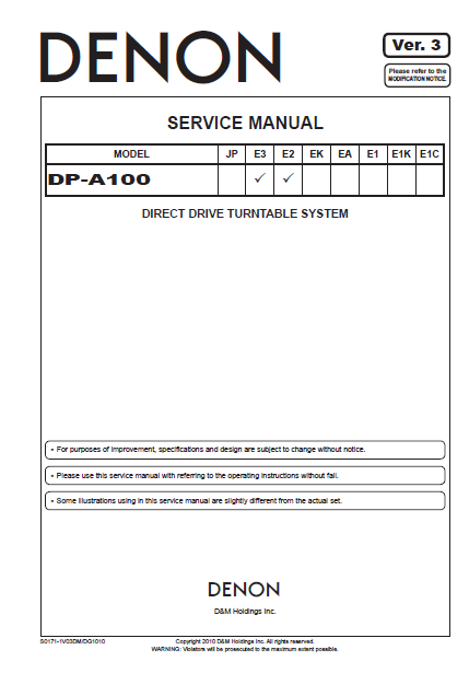 DENON DP-A100 E3 E2  Direct Drive Turntable Service Manual
