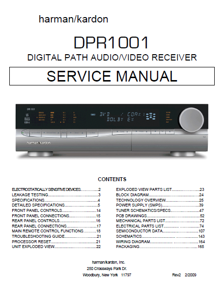Harman Kardon Model DPR1001 Digital Path Audio Video Receiver Service Manual
