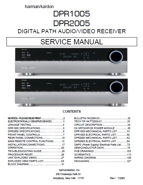 Harman Kardon Model DPR1005 DPR2005 Digital Path Audio Video Receiver Service Manual