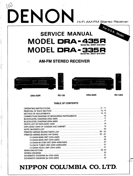 DENON DRA 335R-435R AM FM Stereo Receiver Service Manual