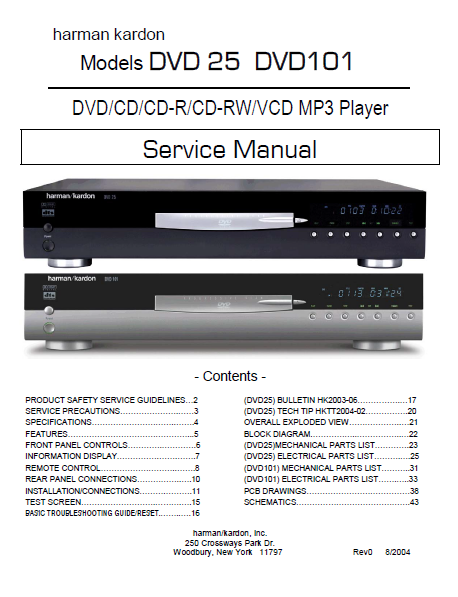 Harman Kardon Model DVD25 DVD101 MP3 Player Service Manual
